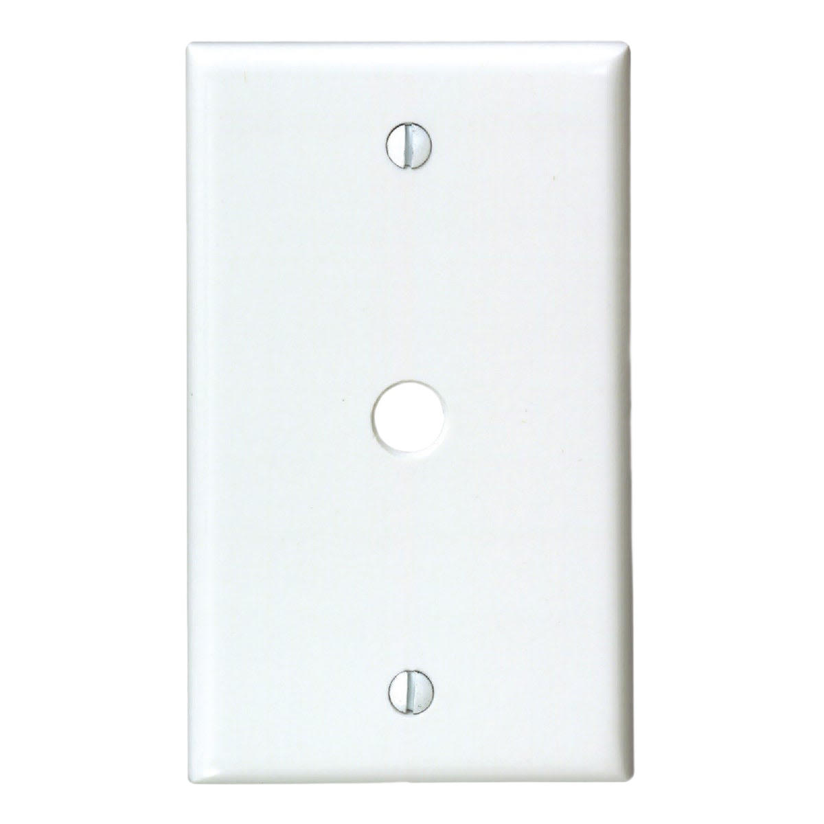 White single-gang wall plate with central opening, designed for telephone or cable connections in home improvement projects