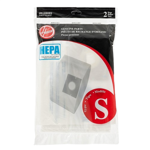 Resealable package of two HEPA vacuum bags designed for Hoover Type S models for home cleaning use