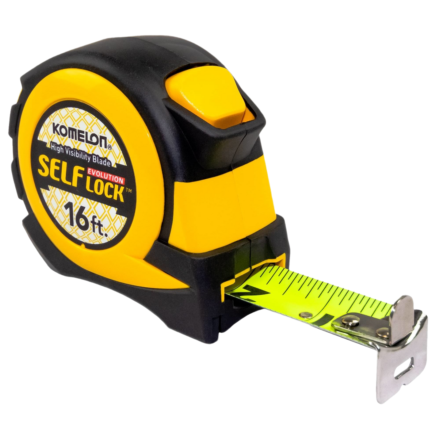 Yellow and black tape measure with self-lock feature and 16-foot nylon-coated blade for woodworking and measuring tools collections