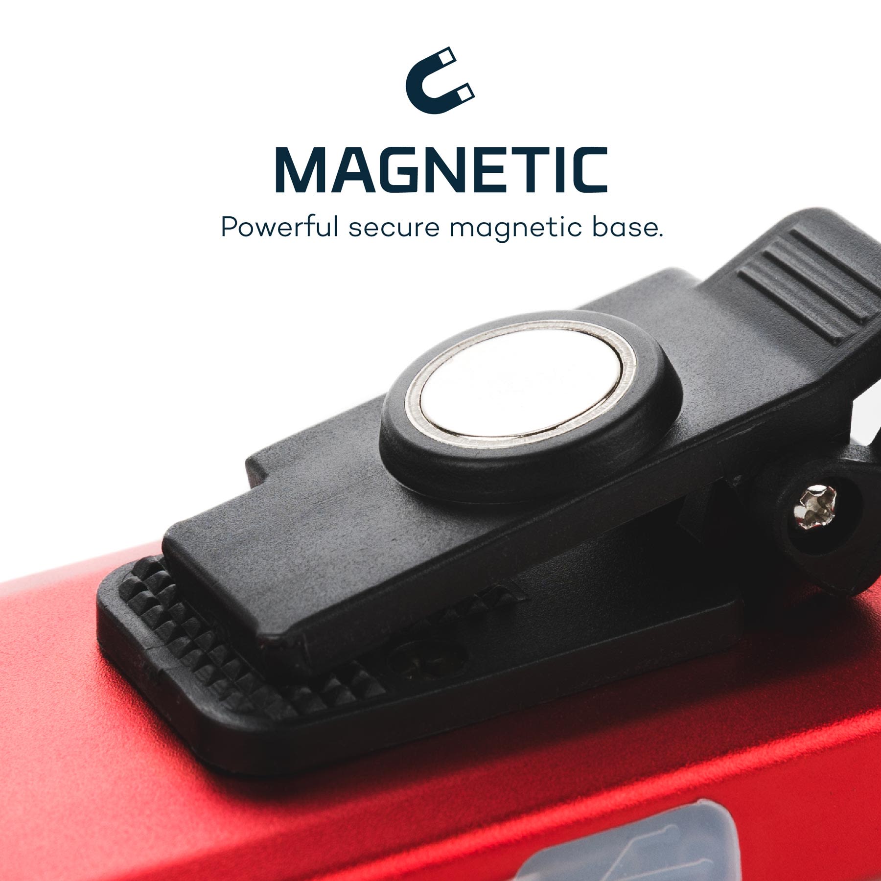 Close-up of black clip with powerful magnetic base on red rechargeable LED pocket light for tools and home improvement projects