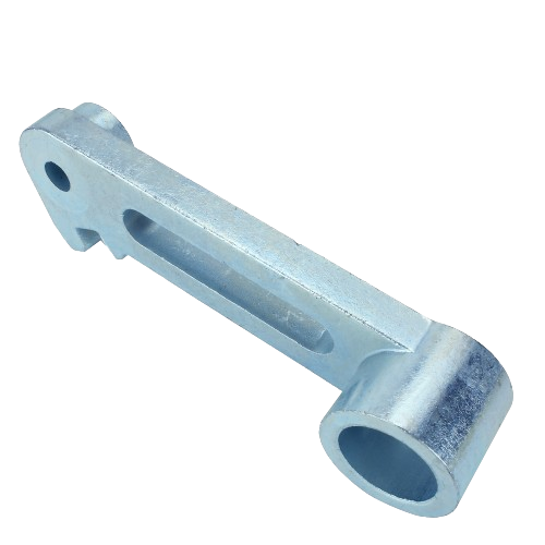 Metal mower deck drive arm with circular mounting end, designed for John Deere lawn mower parts and accessories collections