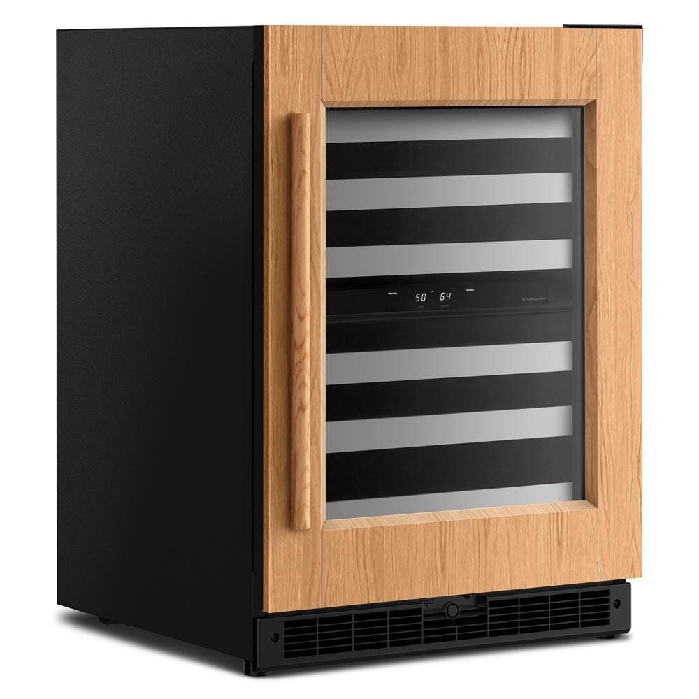 24-inch black undercounter wine cellar with wood panel door and metal racks from KitchenAid Appliances collection