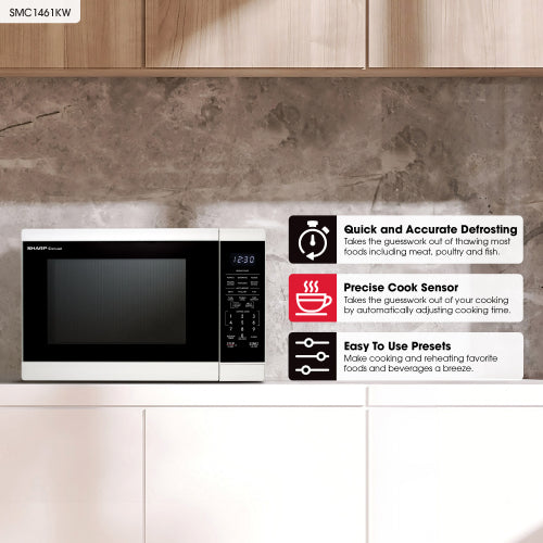 White countertop microwave with digital control panel highlighting sensor cook and preset features in kitchen appliances collection