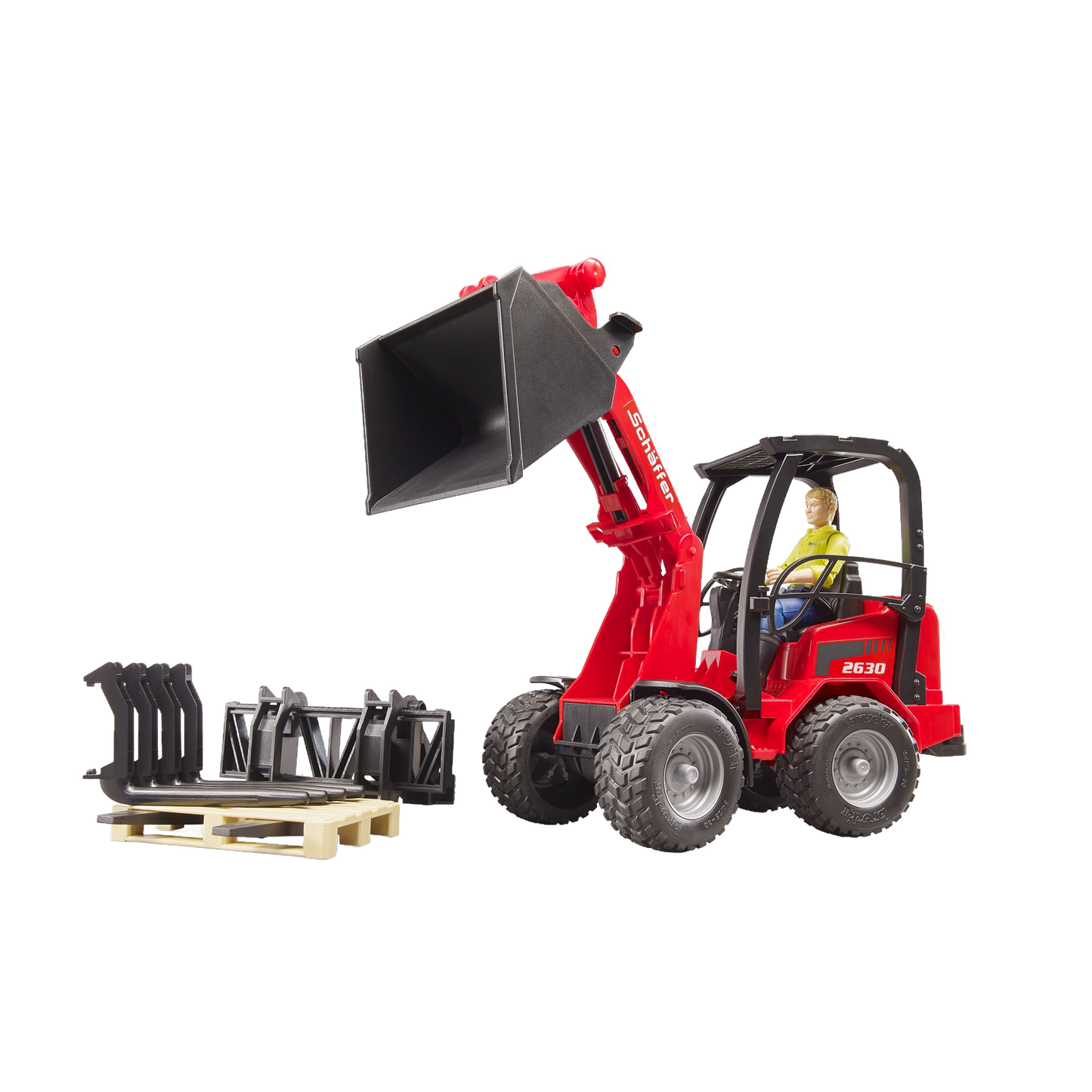 Red Bruder Schaffer compact loader toy with figure and accessories in Vehicles & Remote Controlled Toys collection