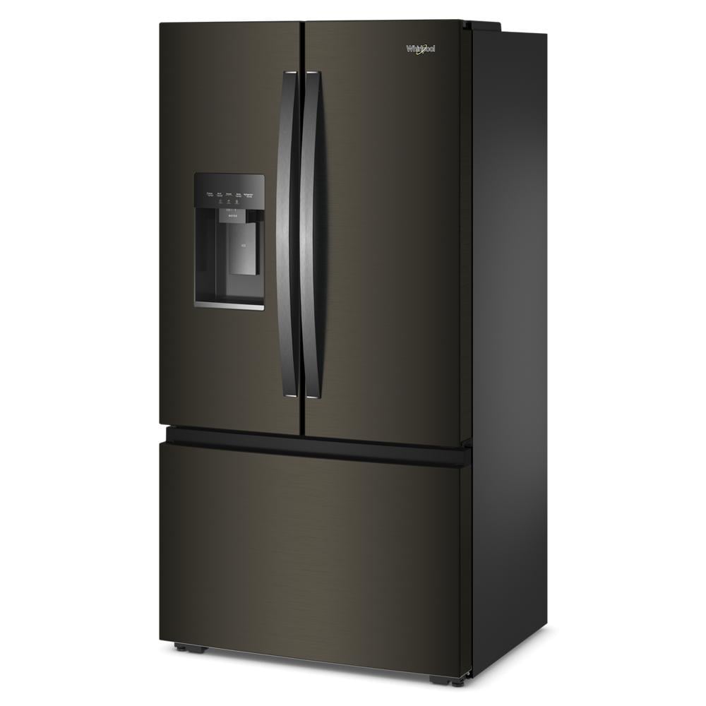 Black stainless steel French door refrigerator with built-in water dispenser and bottom freezer in kitchen appliances collection