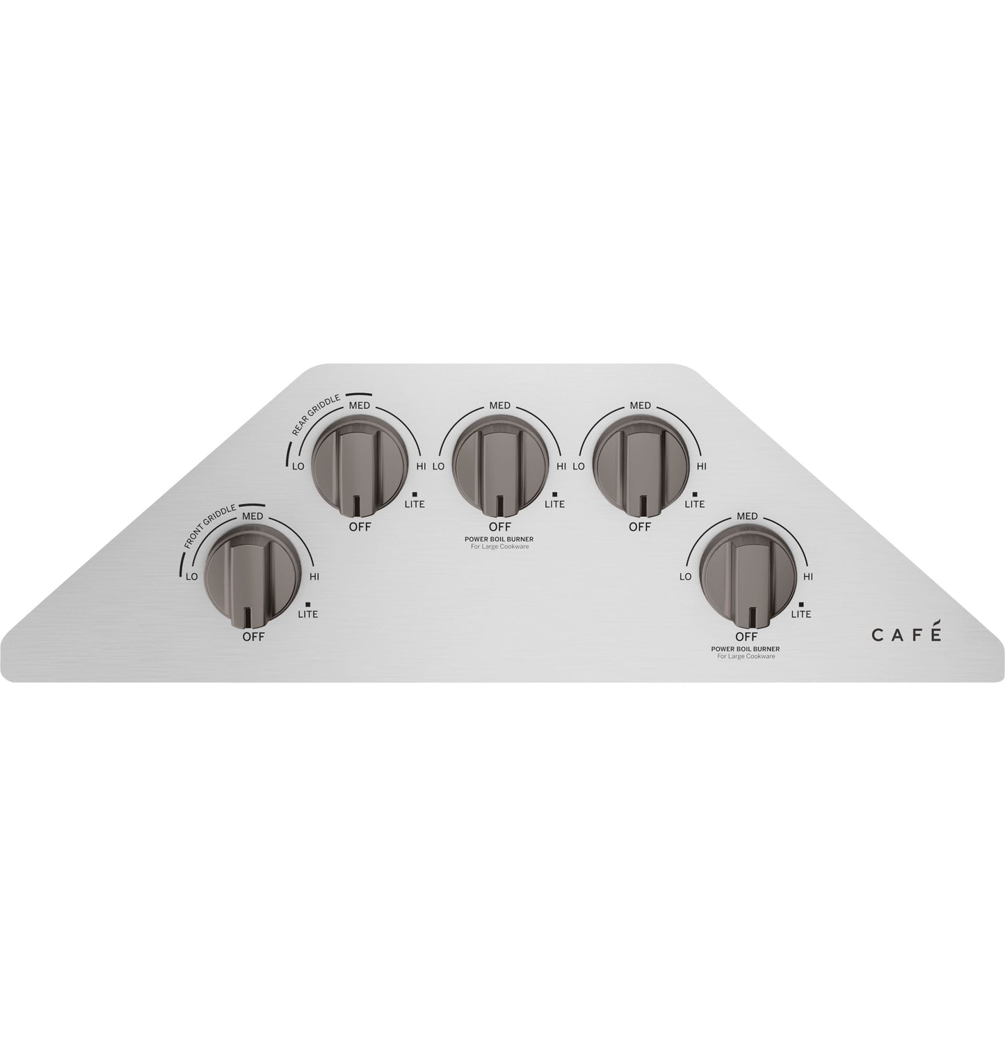 Brushed stainless steel cooktop control panel with five dark knob controls for kitchen appliances and home improvement tools