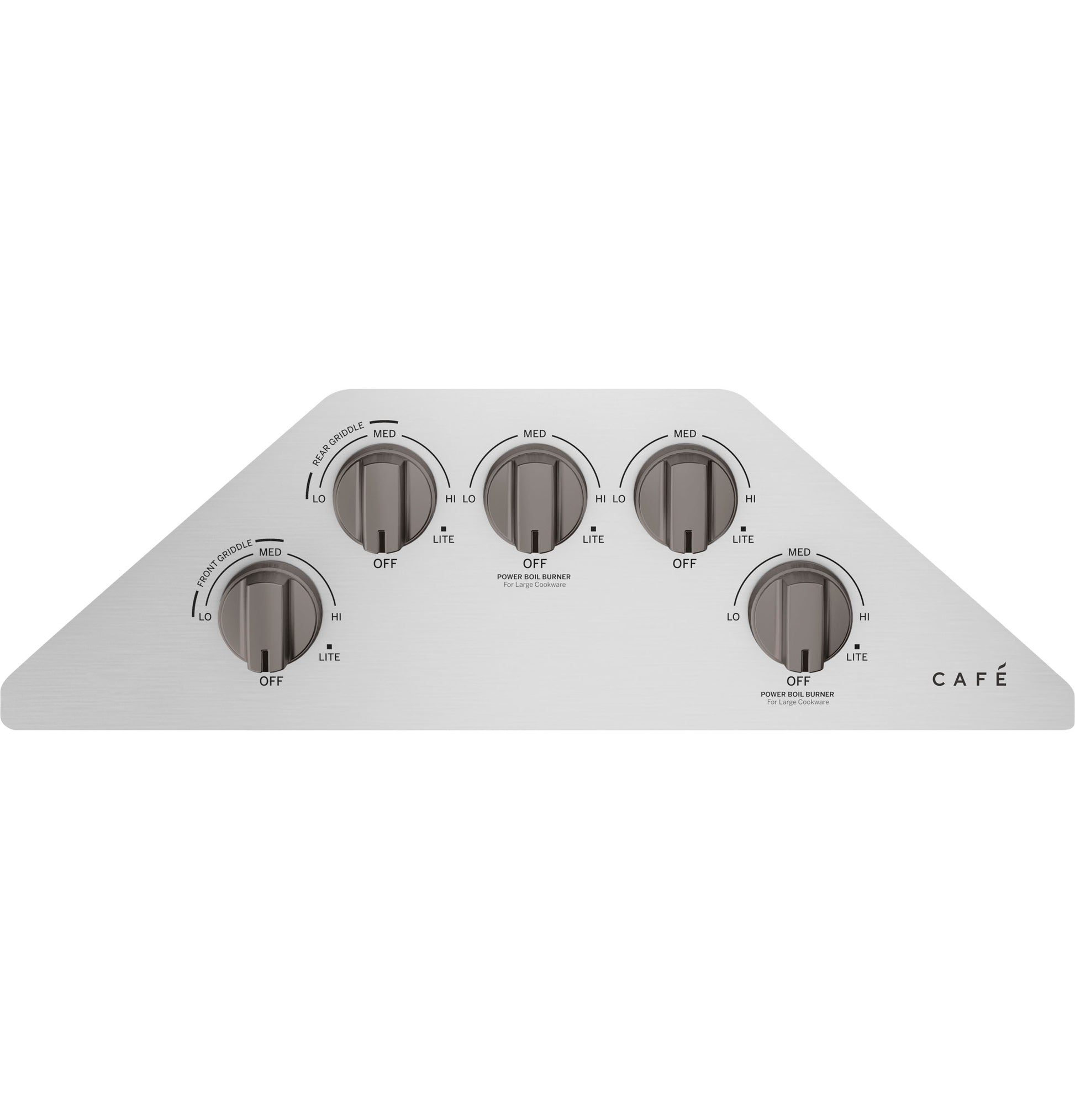 Brushed stainless steel cooktop control panel with five dark knob controls for kitchen appliances and home improvement tools
