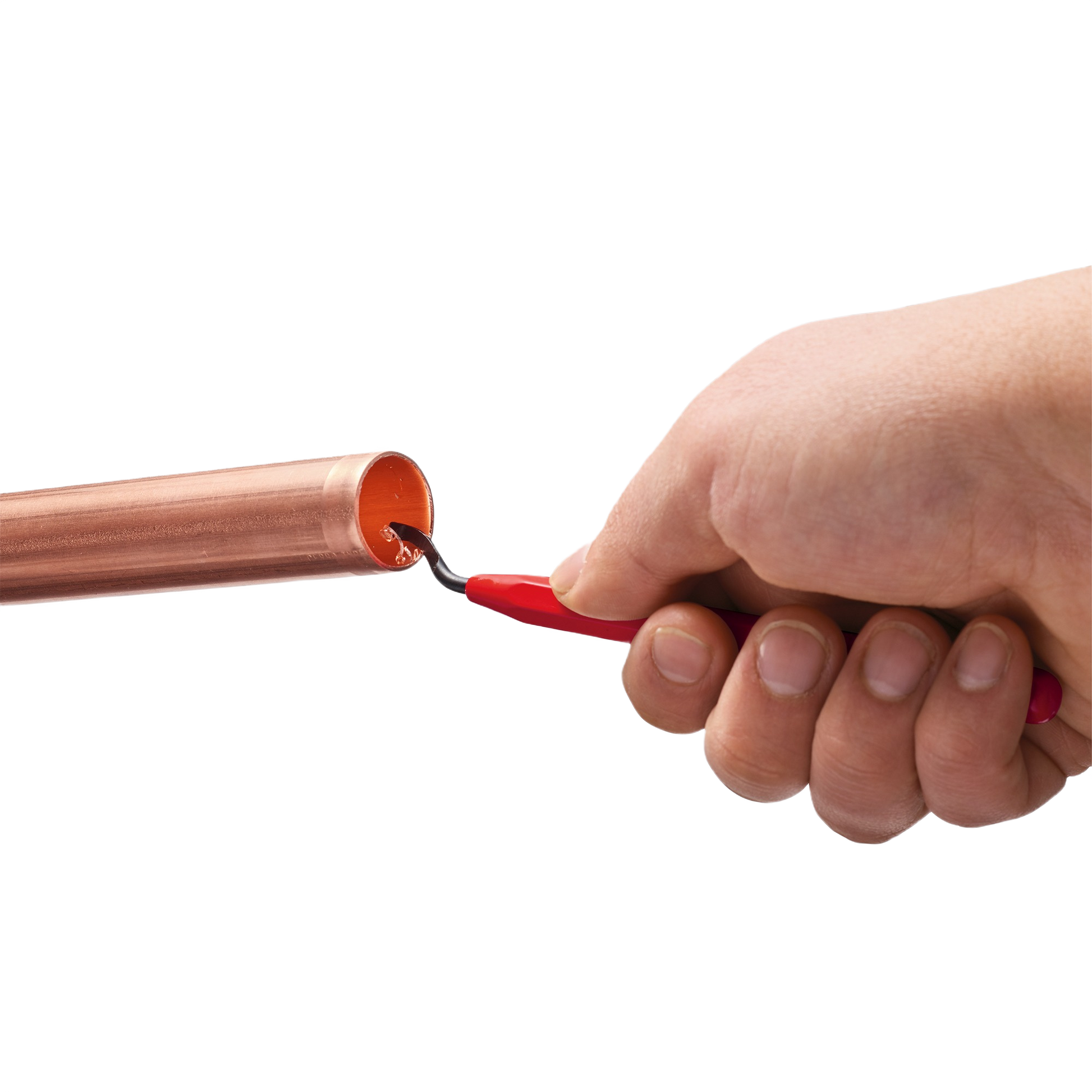 Hand gripping red Milwaukee reaming pen removing burrs from inside copper pipe for home improvement projects