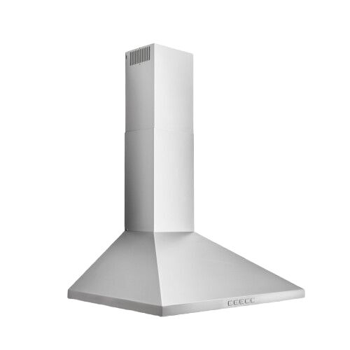 Modern stainless steel pyramidal chimney hood with LED lighting and soft touch controls for kitchen and home improvement collections