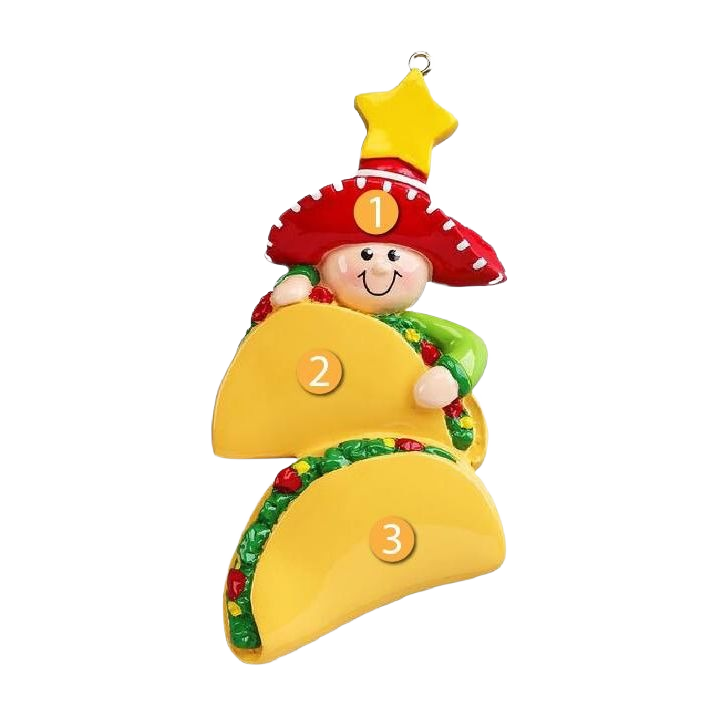 Festive Christmas ornament with smiling figure in red hat holding two tacos decorated with lettuce and tomatoes under 50 dollars