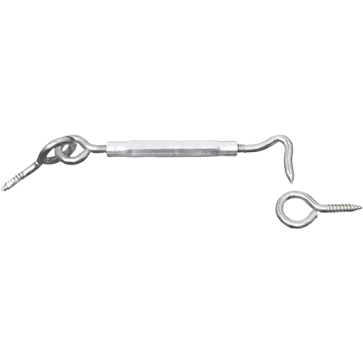 Metal turnbuckle with gate hook and eye screw for tension adjustment in tools and home improvement projects