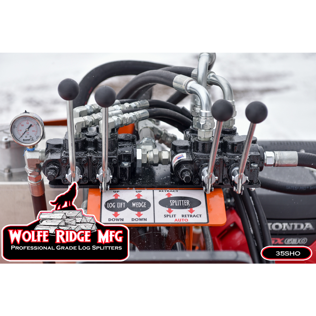 Hydraulic control panel with levers and pressure gauge for heavy-duty Wolfe Ridge log splitter outdoors in snow