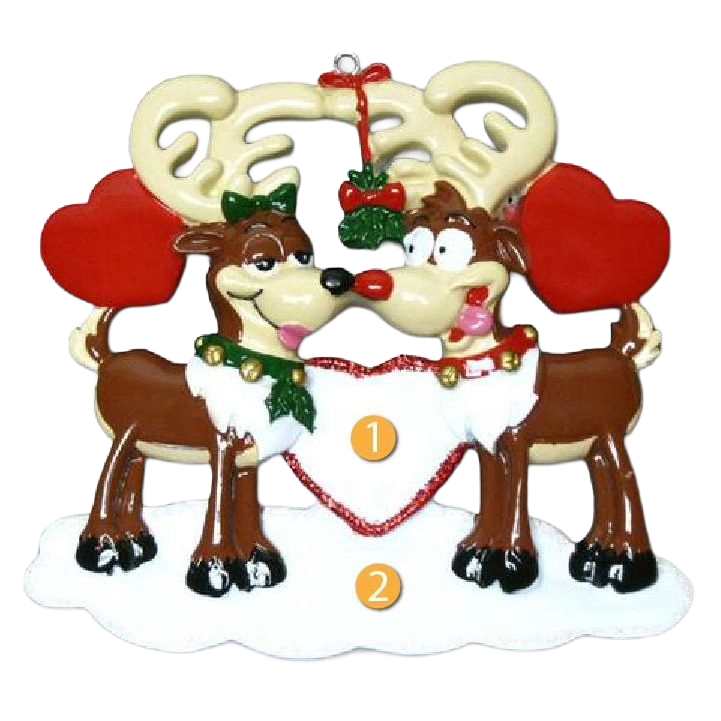 Two cartoon reindeer with red hearts and mistletoe, holding a heart-shaped decoration, festive Christmas ornament under $50