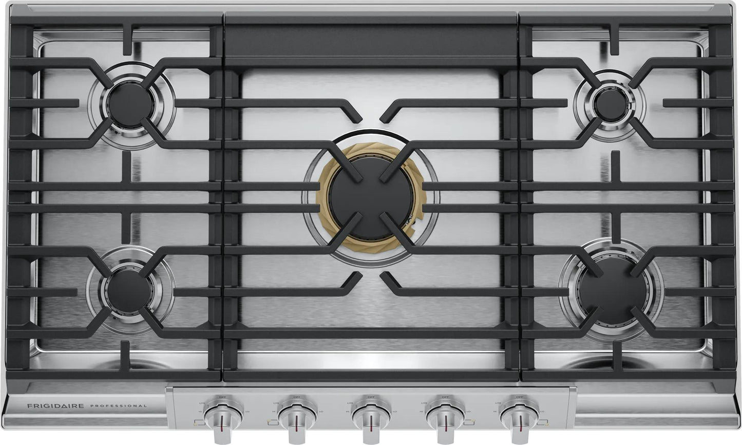 Stainless steel 36-inch gas cooktop with five burners and backlit knobs from Cooktops and Appliances collection