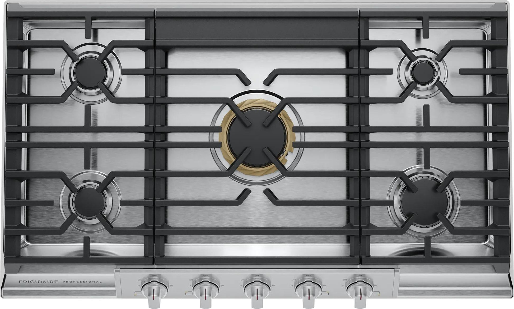 Stainless steel 36-inch gas cooktop with five burners and backlit knobs from Cooktops and Appliances collection