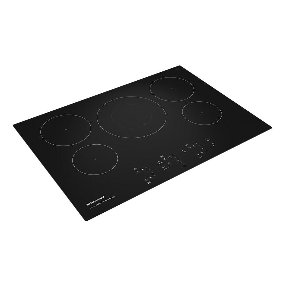Black 30-inch induction cooktop with five cooking elements and touch controls from KitchenAid appliances collection