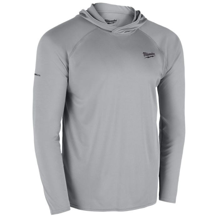 Gray lightweight hooded sun shirt with long sleeves designed for outdoor work and home improvement projects