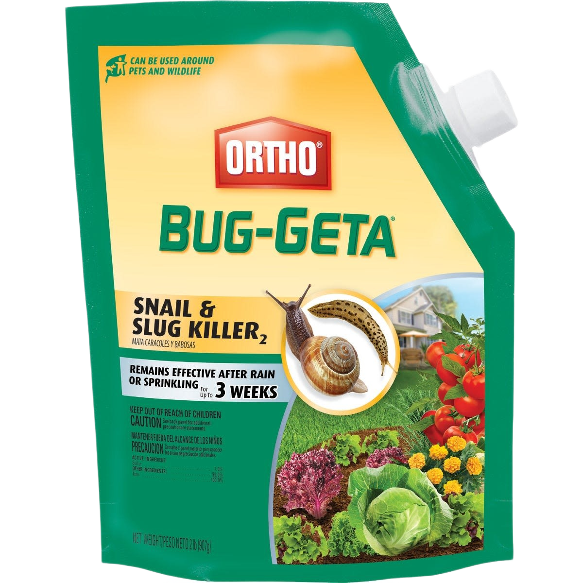 Green and yellow Ortho Bug-Geta slug and snail killer pellets packaging with garden and vegetable illustrations