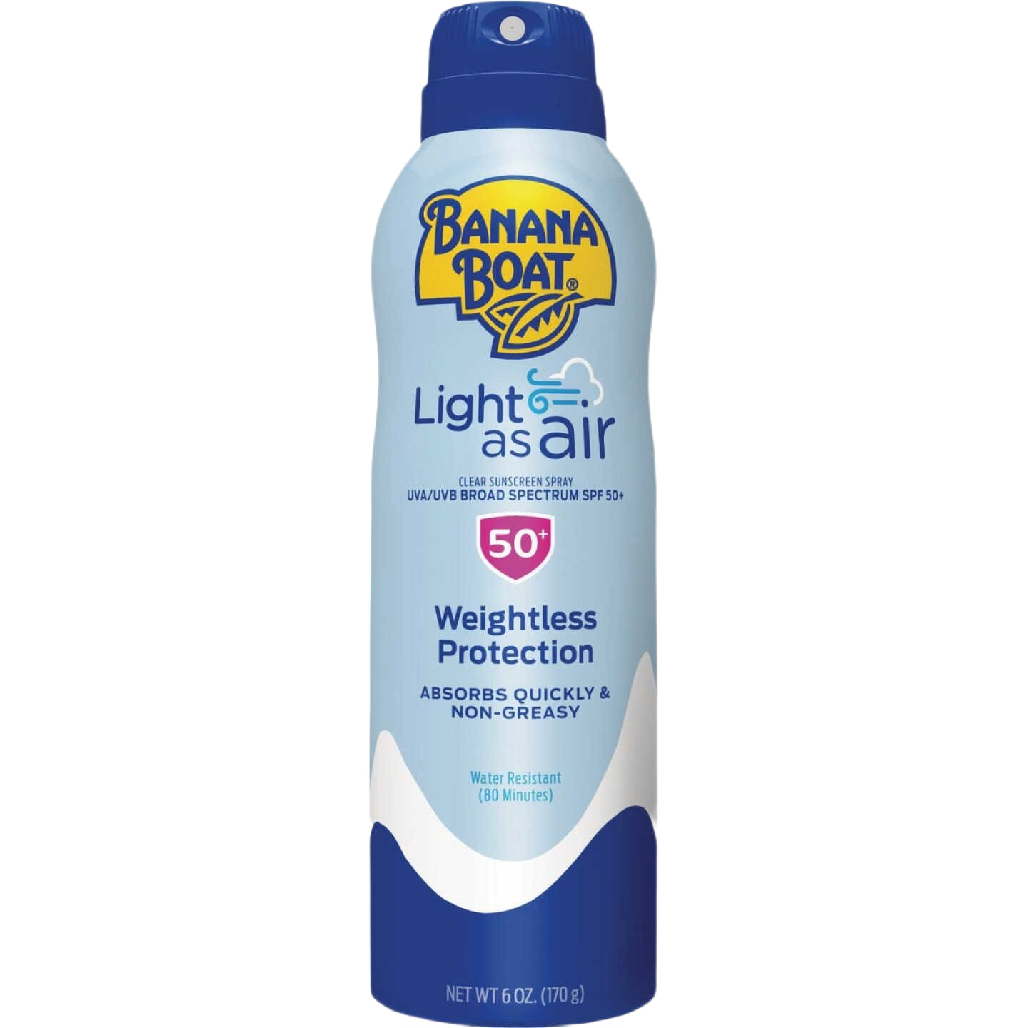 Blue-capped bottle of Banana Boat SPF 50 sunscreen spray offering weightless, quick-absorbing, non-greasy sun protection