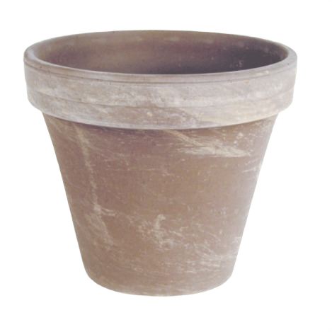 Standard chocolate brown flower pot with worn texture for gardening and home improvement use