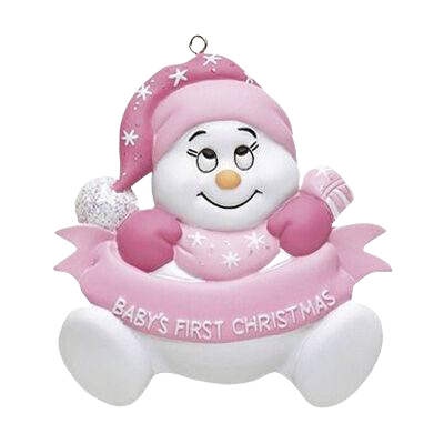 Snowbaby ornament in pink hat and mittens holding banner reading "Baby's First Christmas" from Christmas collection