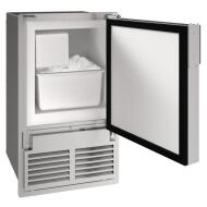 Compact built-in stainless steel ice maker with open door showing crescent-shaped ice in kitchen appliances setting