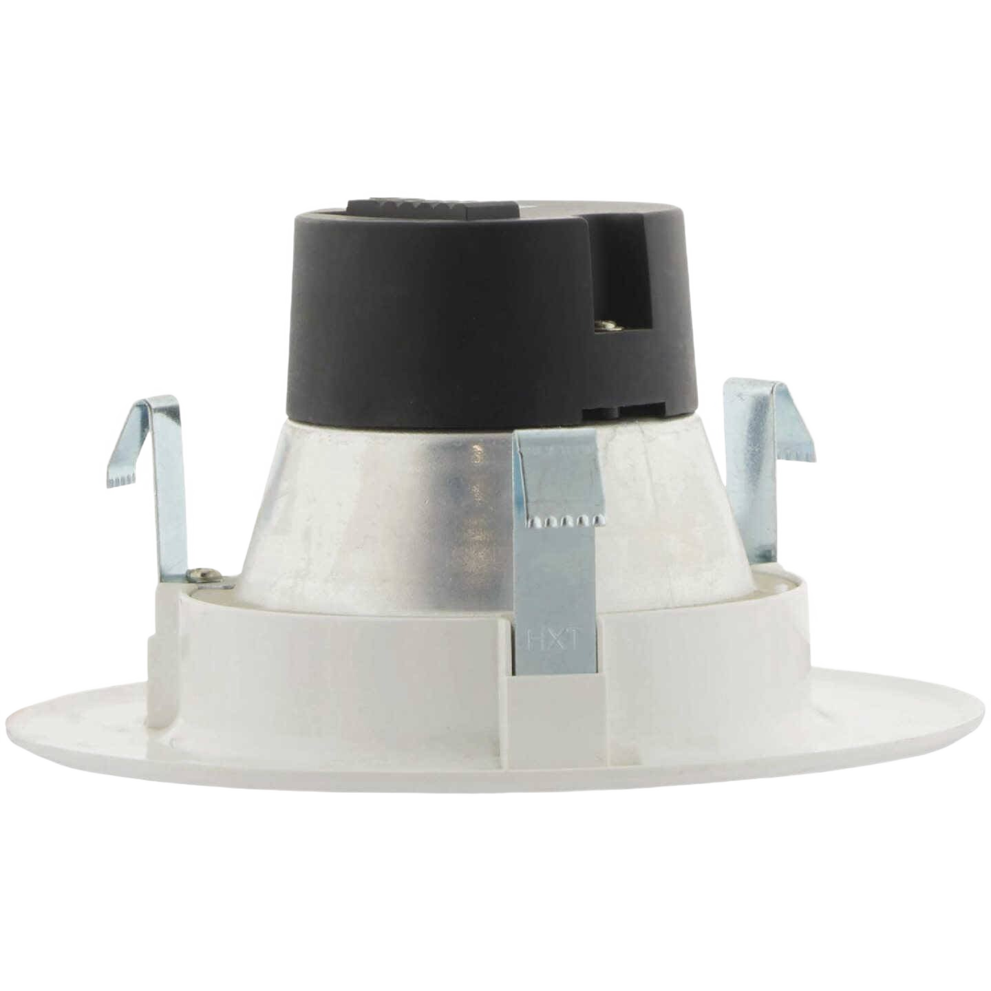 White and metal 4-inch LED retrofit downlight with spring clips for lighting and electrical home improvement projects