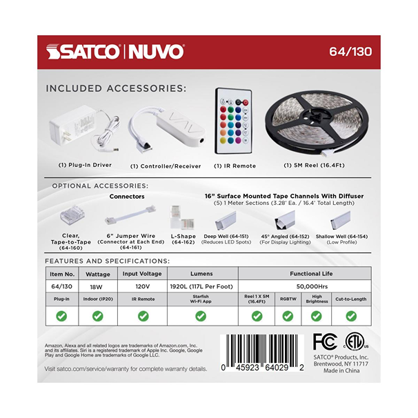 Satco 16-foot indoor LED smart tape light kit components and optional accessories for lighting and electrical projects