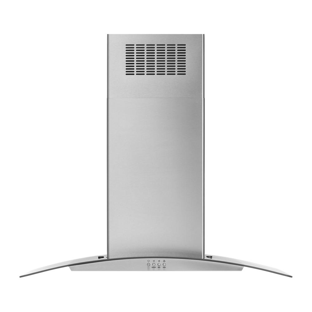 Stainless steel curved glass island range hood with vent and control panel from kitchen appliances collection