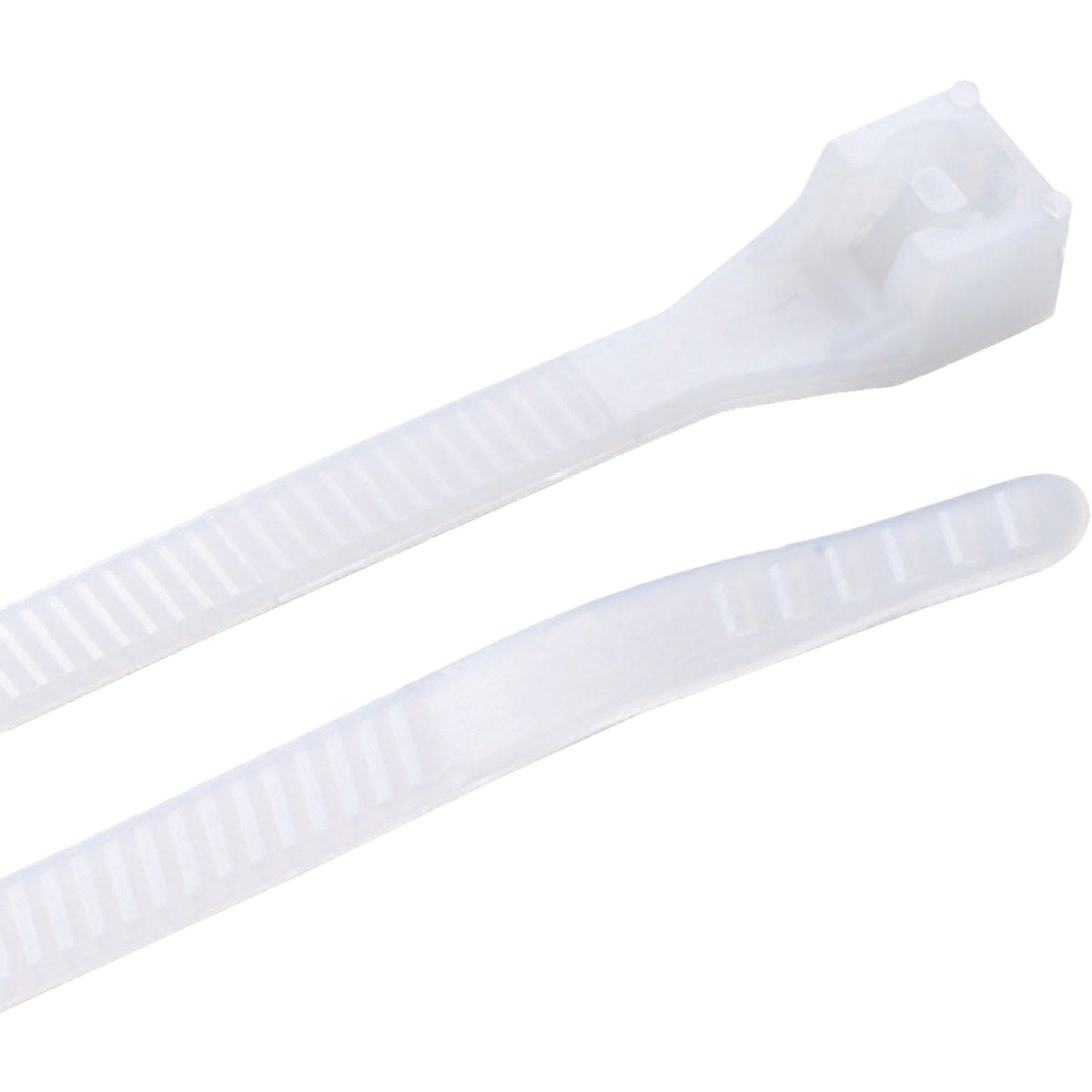 Two clear nylon cable ties with locking heads designed for organizing wires in home improvement projects
