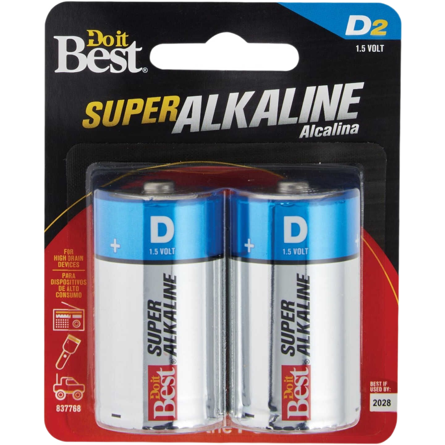 Two-pack of D size 1.5V alkaline batteries in blue and white packaging for home improvement and tools use