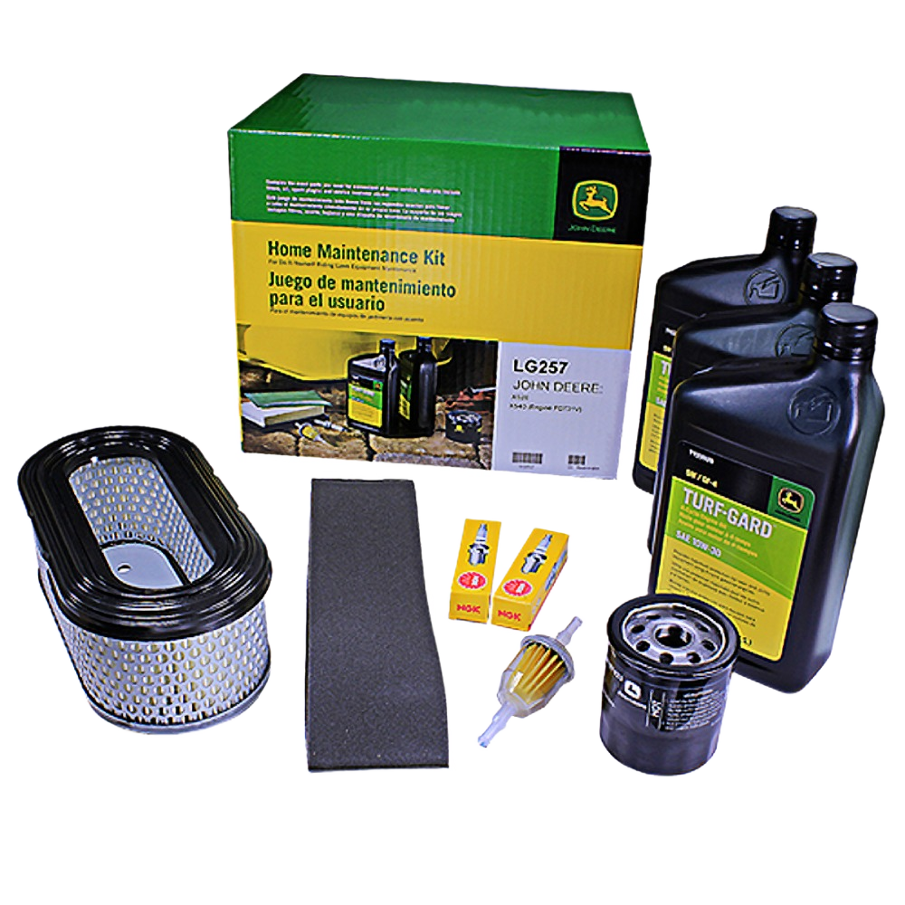 John Deere home maintenance kit with oil bottles, air filter, fuel filter, spark plugs, foam filter, and oil filter for tools tasks