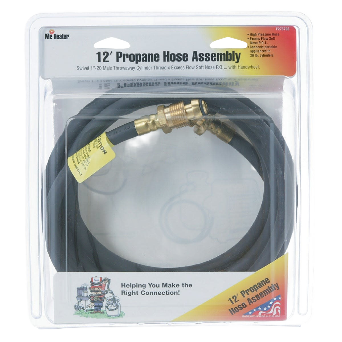 12-foot propane hose assembly with brass fittings for outdoor living and grilling tool connections