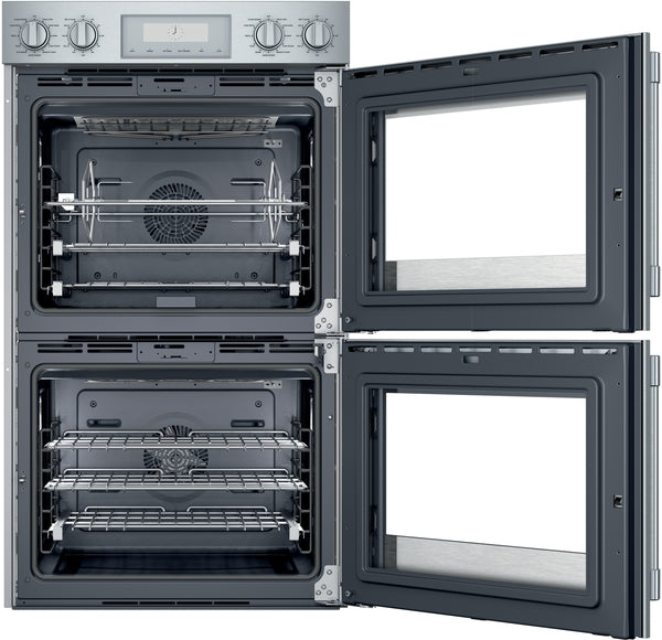 Professional double wall oven with side-opening doors, multiple racks, rotisserie and convection modes from Thermador Appliances collection