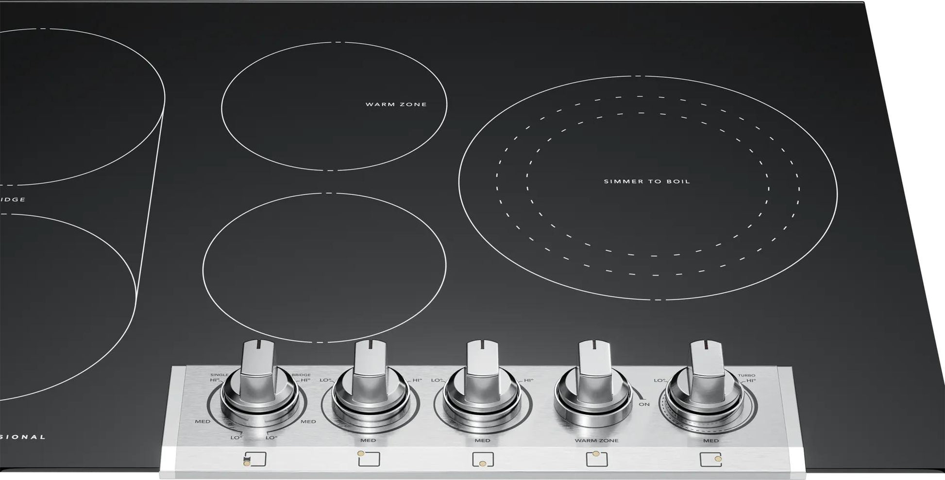 Black radiant electric cooktop with five burners and metallic control knobs from Cooktops and Appliances collections