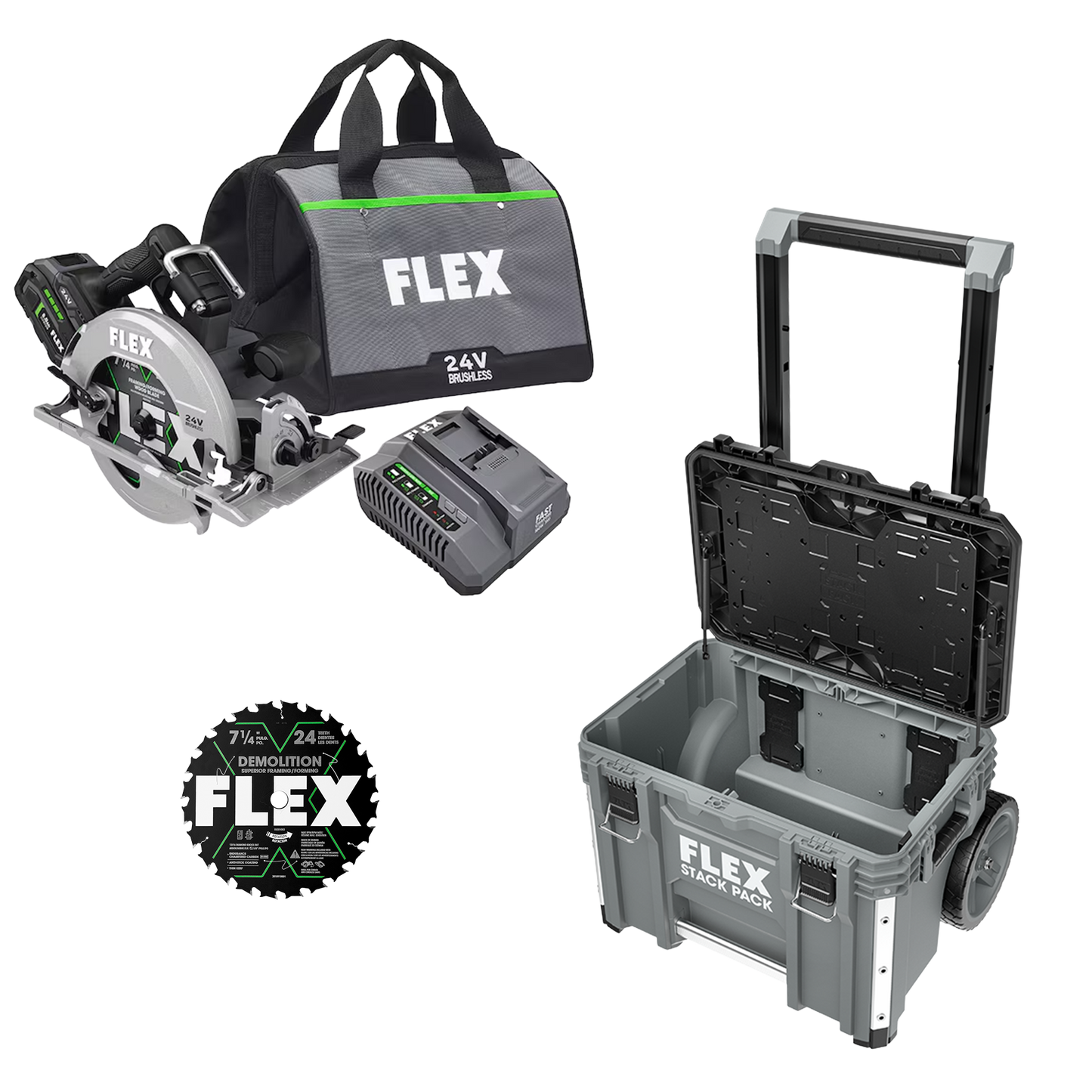 FLEX 24V 7-1/4" Circular Saw Kit + Demolition Blade & Stack Pack™ Rolling Tool Box