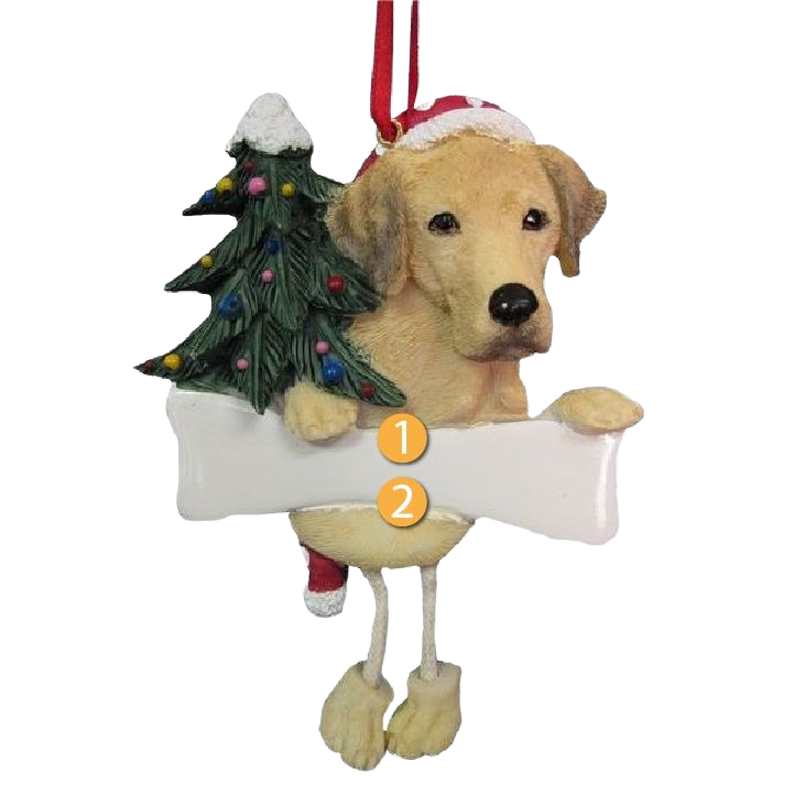 Yellow Labrador dog Christmas ornament holding a bone with a decorated tree, festive holiday décor piece