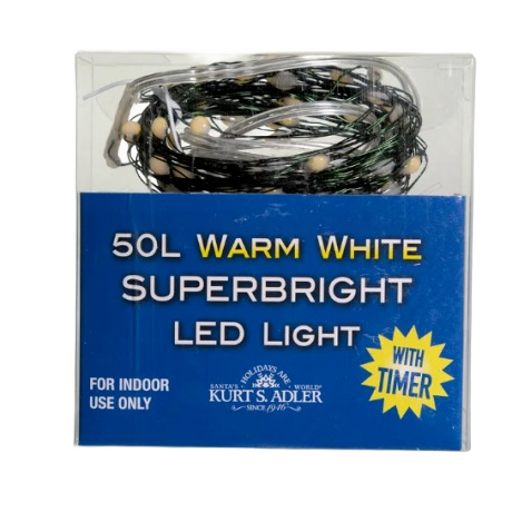 Compact box of 50 warm white superbright LED lights with timer function for indoor holiday decor under $50