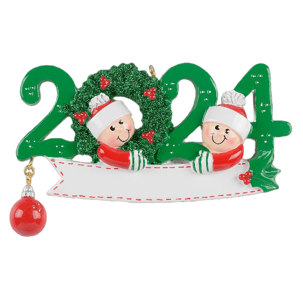 Festive 2024 ornament with two smiling characters in a green wreath and a red ornament for Christmas decorations under $50 collection