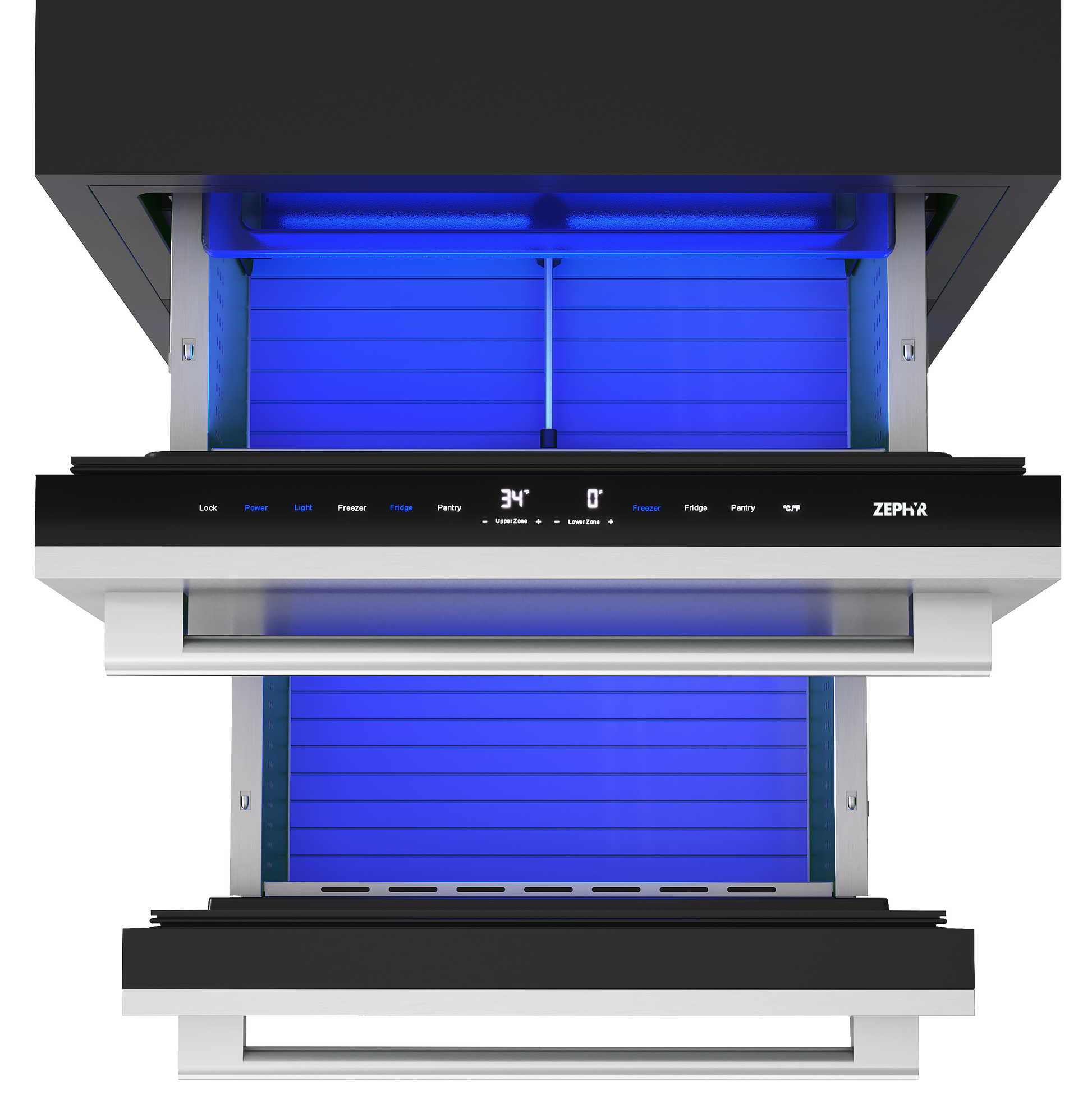 Dual stainless steel refrigerator and freezer drawers with digital display and blue interior LED lighting, part of Refrigerators, Mini Refrigerators, Kitchen & Kitchenware, and Appliances collections.