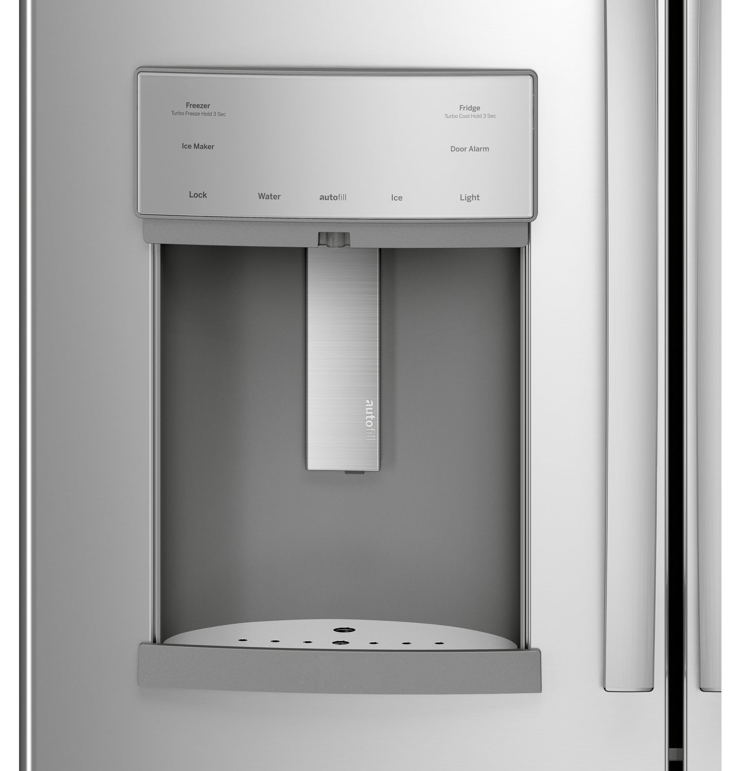 Stainless steel French-door refrigerator water dispenser with hands-free autofill and control panel from refrigerators collection