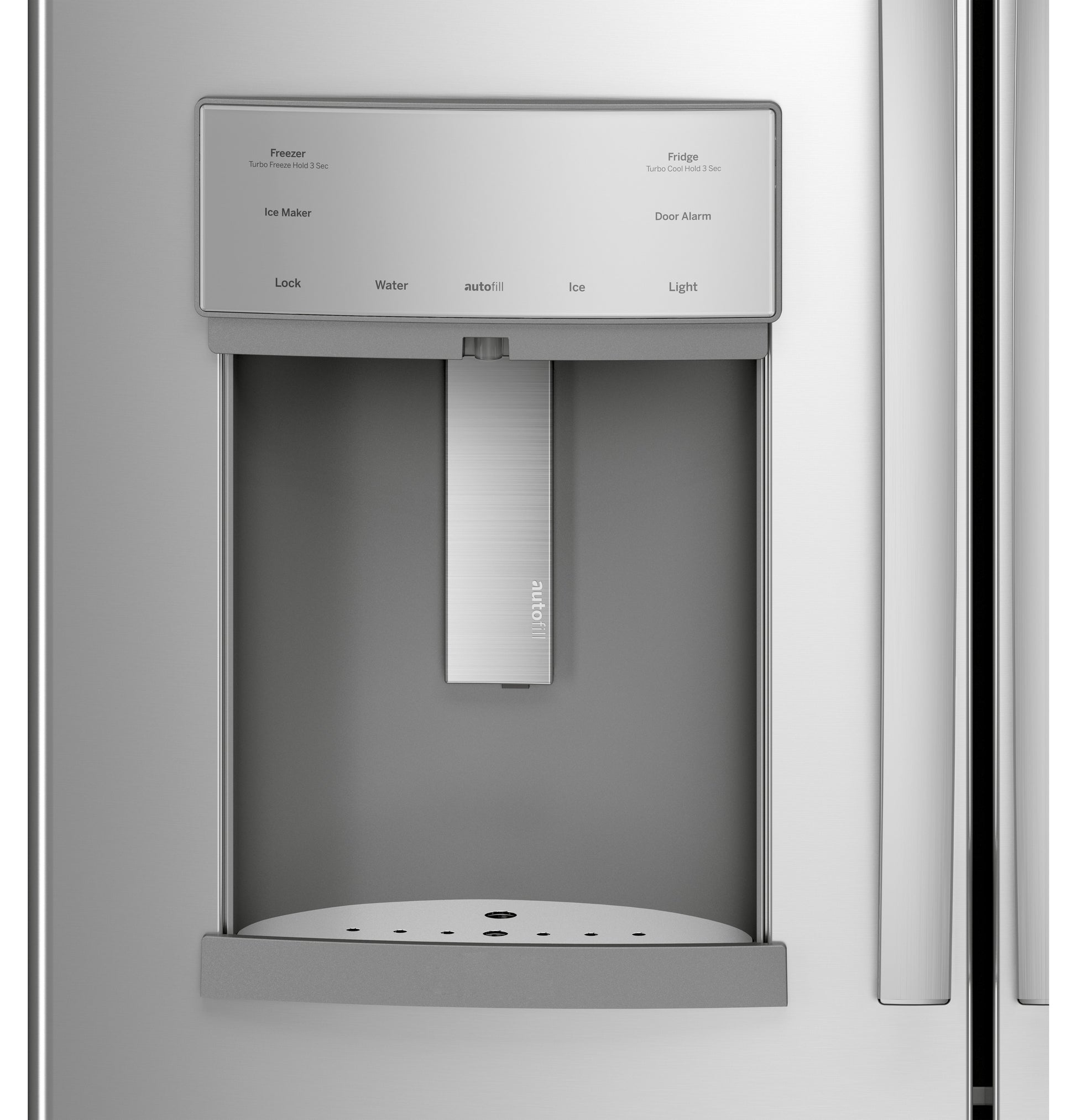 Stainless steel French-door refrigerator water dispenser with hands-free autofill and control panel from refrigerators collection
