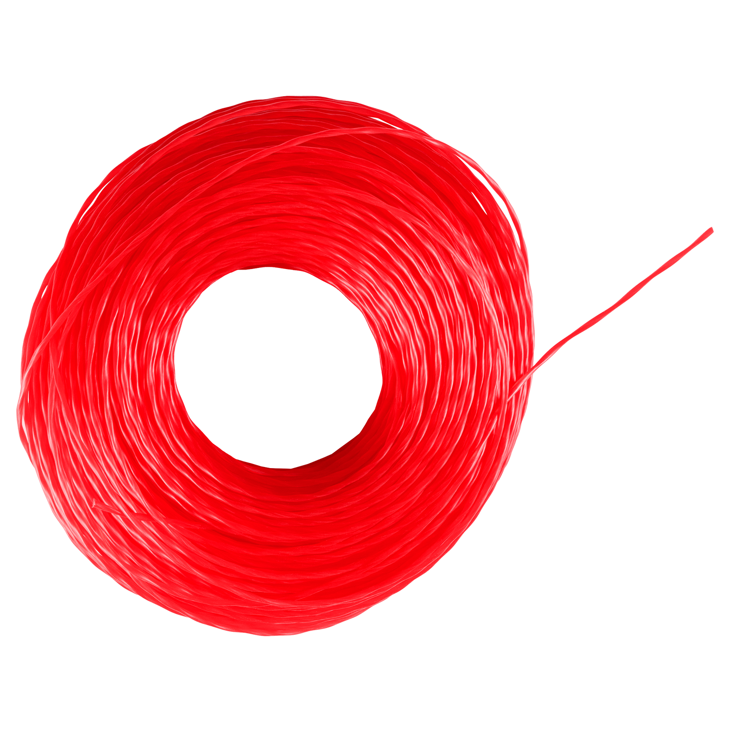 Bright red twisted trimmer line spool for outdoor yard tools and home improvement maintenance tasks