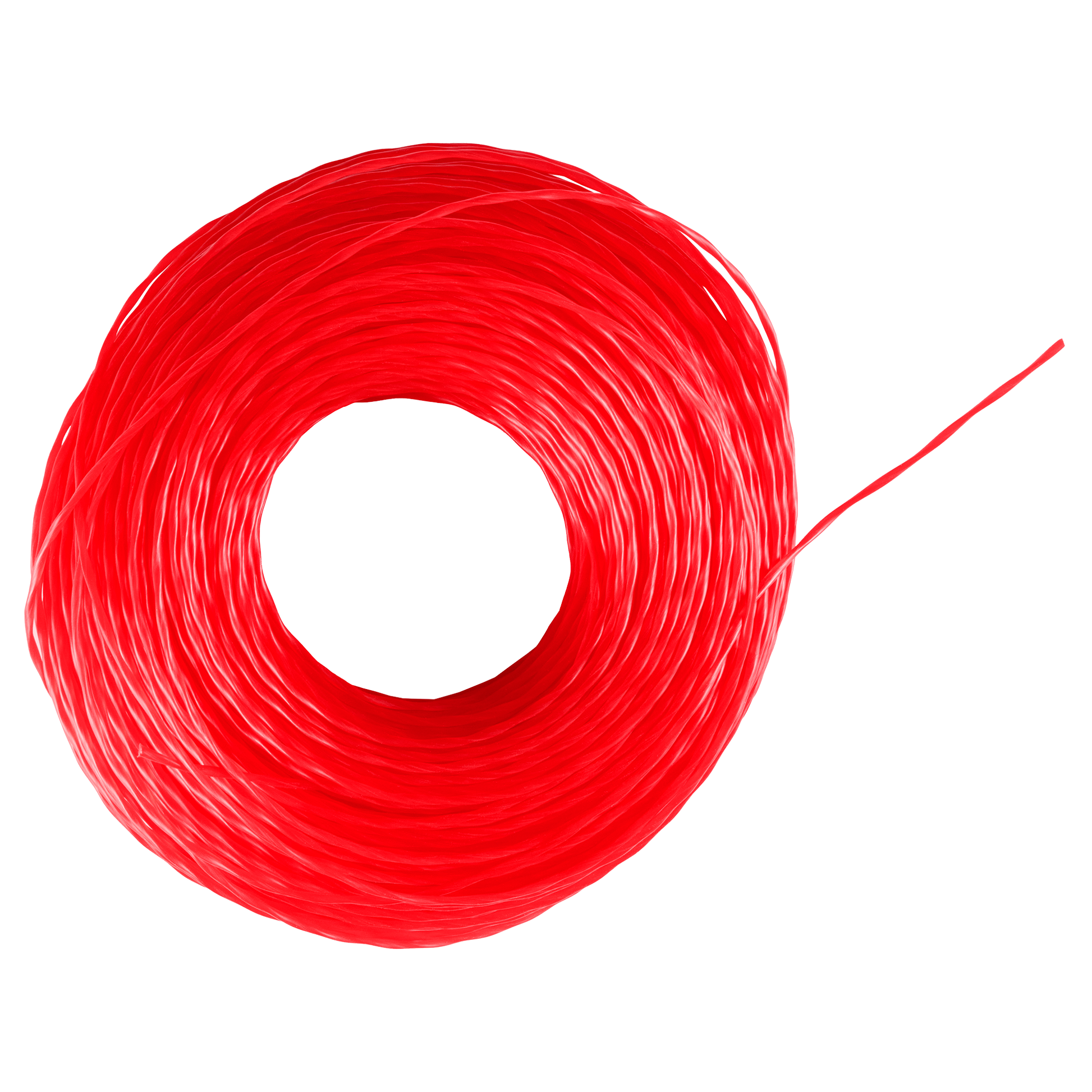 Bright red twisted trimmer line spool for outdoor yard tools and home improvement maintenance tasks