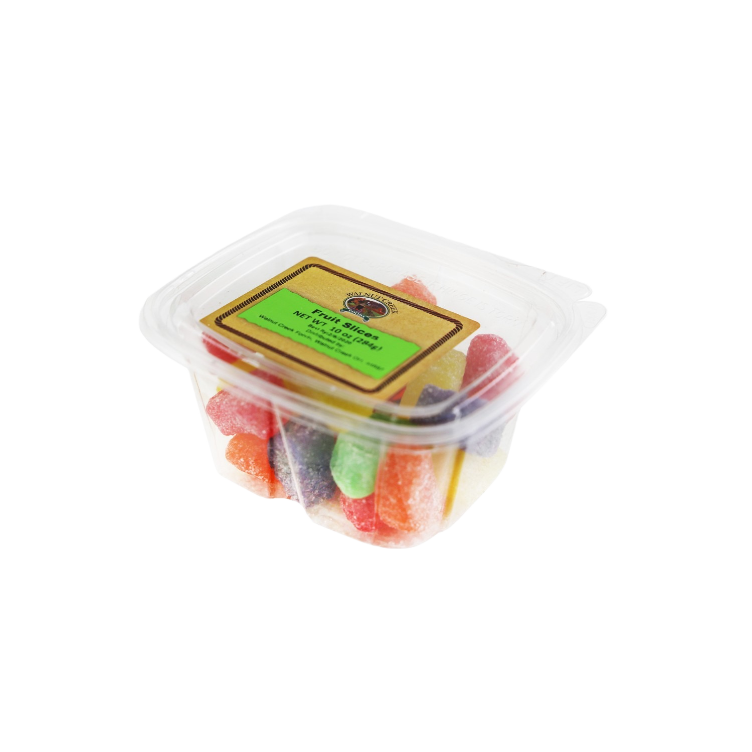 Clear plastic tub filled with colorful sugar-coated fruit slice gummies for Candy and Food & Beverage collections