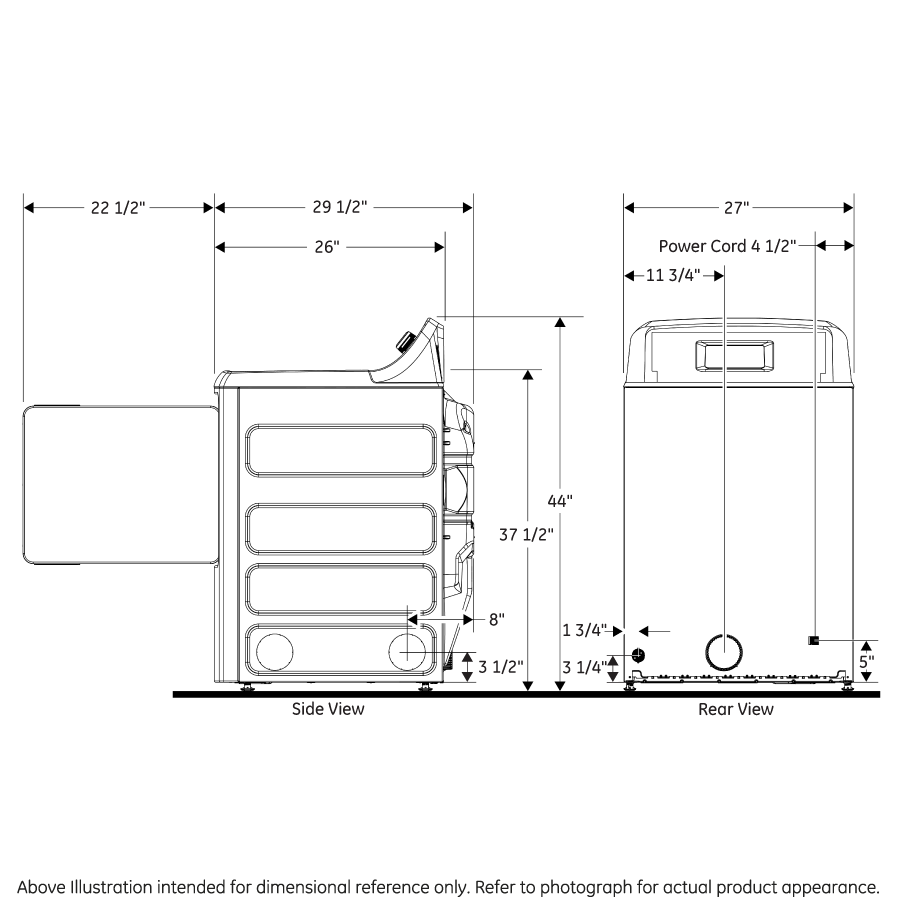 Technical line drawing showing side and rear dimensions of an electric dryer from Dryers and Appliances collection