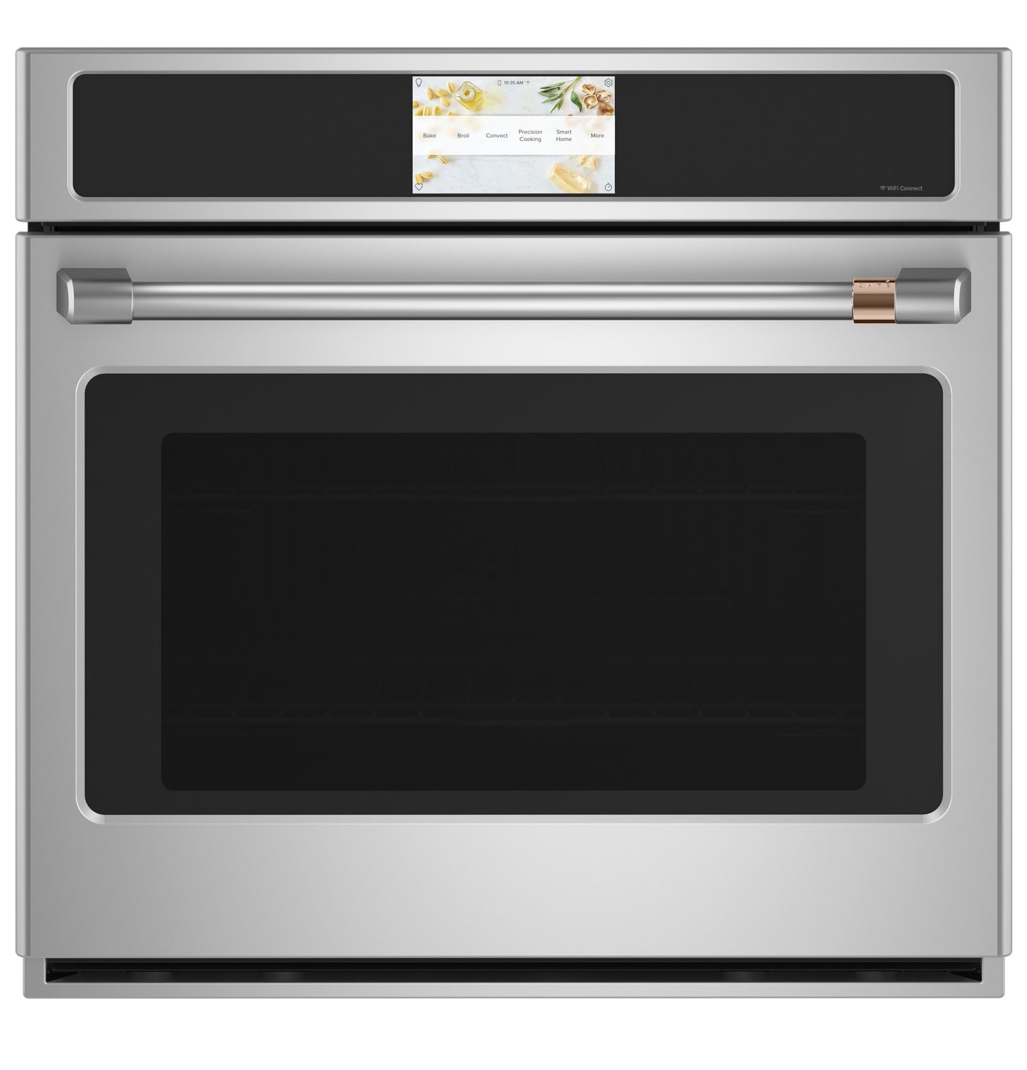 Stainless steel smart single wall oven with touchscreen control and brushed metal handle for kitchen appliances