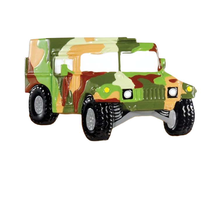 Camo army Humvee Christmas ornament with detailed tires and body, part of festive tree decoration collections under $50