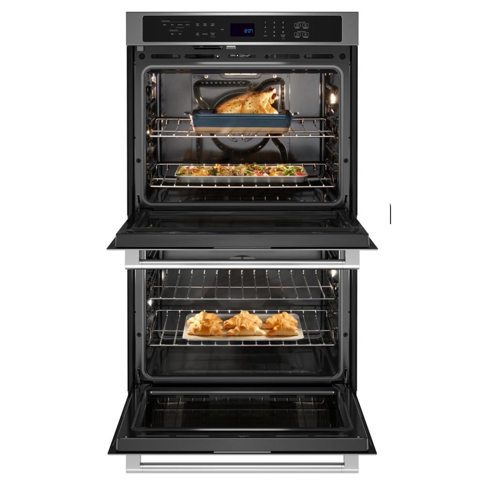 modern 30-inch double wall oven with air fry, digital controls, and multiple racks for kitchen and home improvement