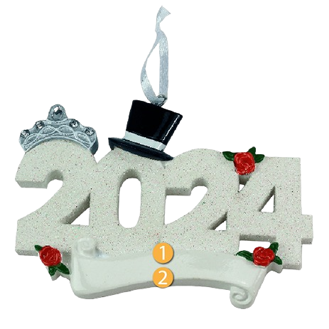 2024 glitter wedding ornament with red roses, silver tiara, and black top hat from Christmas Ornaments & Tree Decorations collection